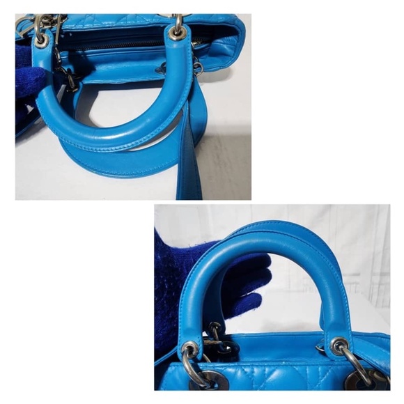 Authentic CHRISTIAN DIOR Lambskin Cannage Medium Lady Dior Satchel Bag Blue - Picture 12 of 16